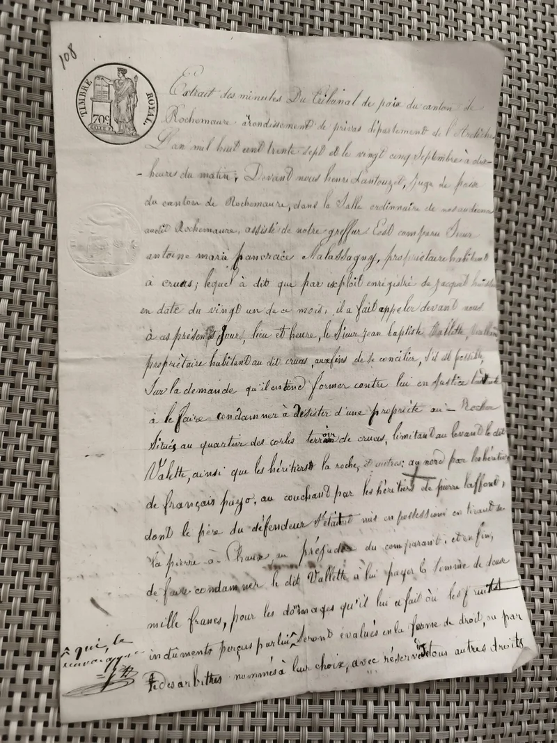 Ancien document manuscrit tribunal XIXe, extrait minutes, cachets France