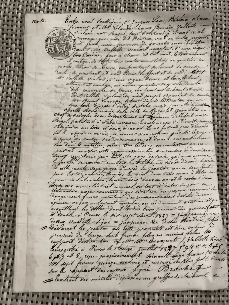 Acte notarié manuscrit ancien vente XIXe siècle cachet justice France