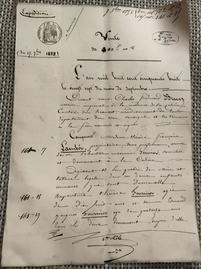 Ancien acte notarié vente manuscrit 1858 cachet Timbre Impérial document