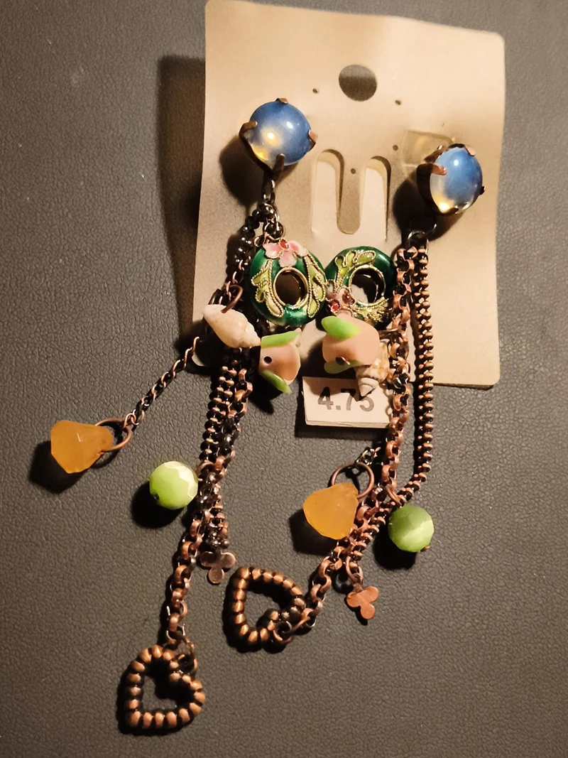 Boucles d'oreilles vintage pendantes cœurs perles émaillées deadstock fantaisie