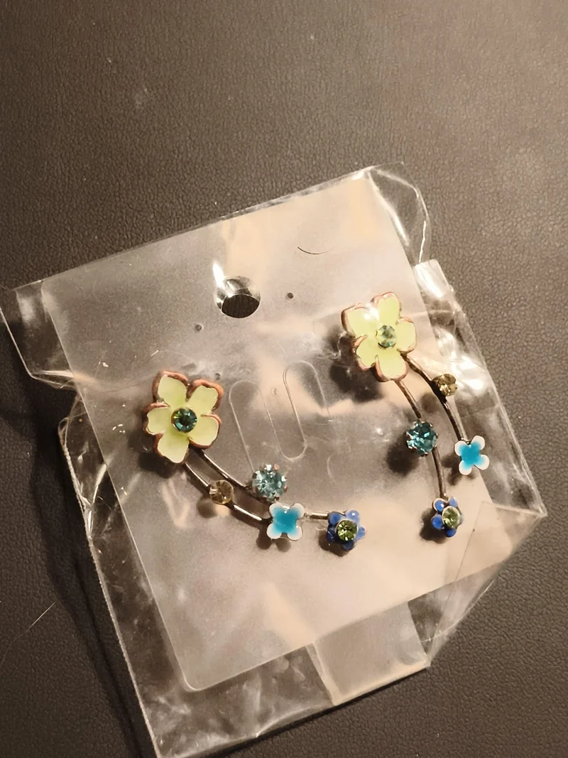 Boucles d’oreilles vintage fleurs émaillées pierres bleu vert deadstock fantaisi