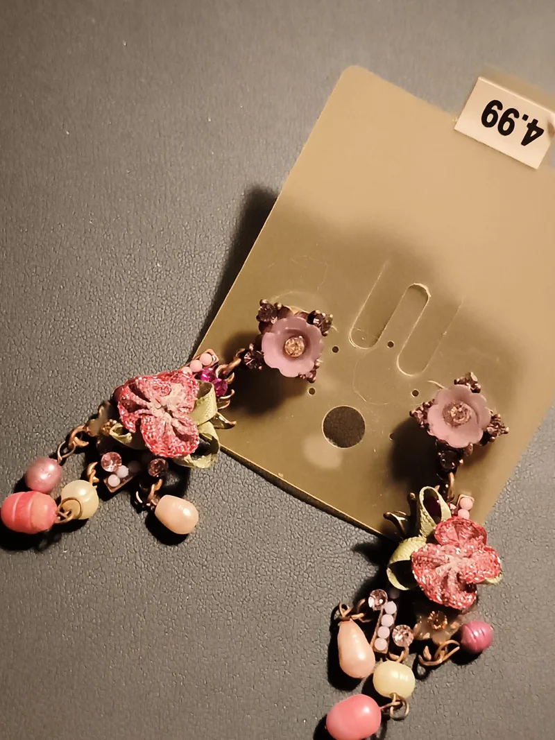 Boucles d’oreilles vintage pendantes fleurs perles rose deadstock fantaisie rétr