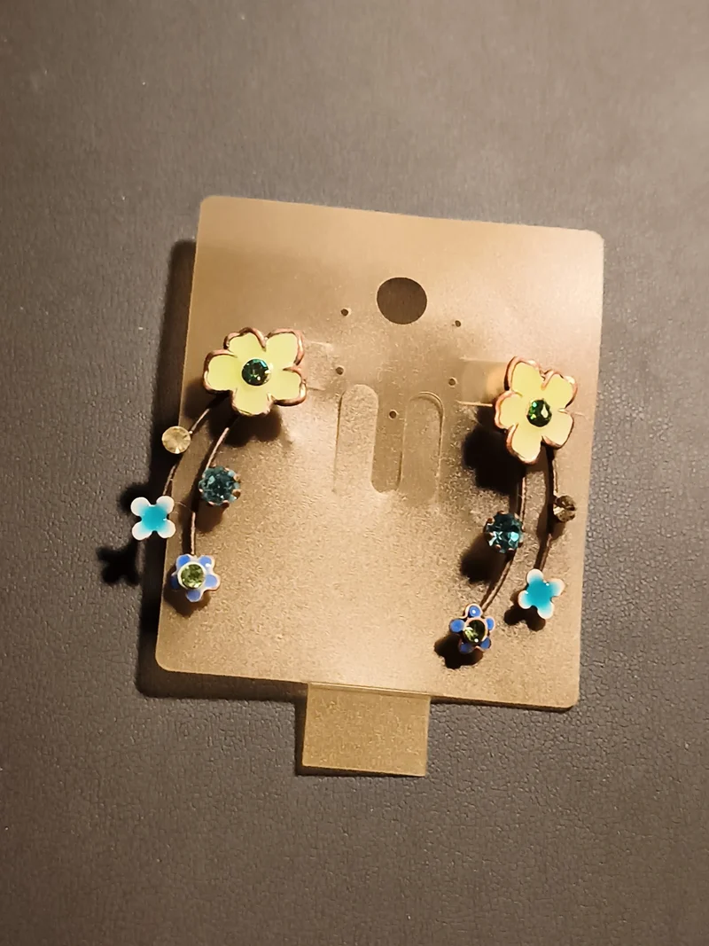 Boucles d’oreilles vintage fleurs émail pierres bleues deadstock fantaisie