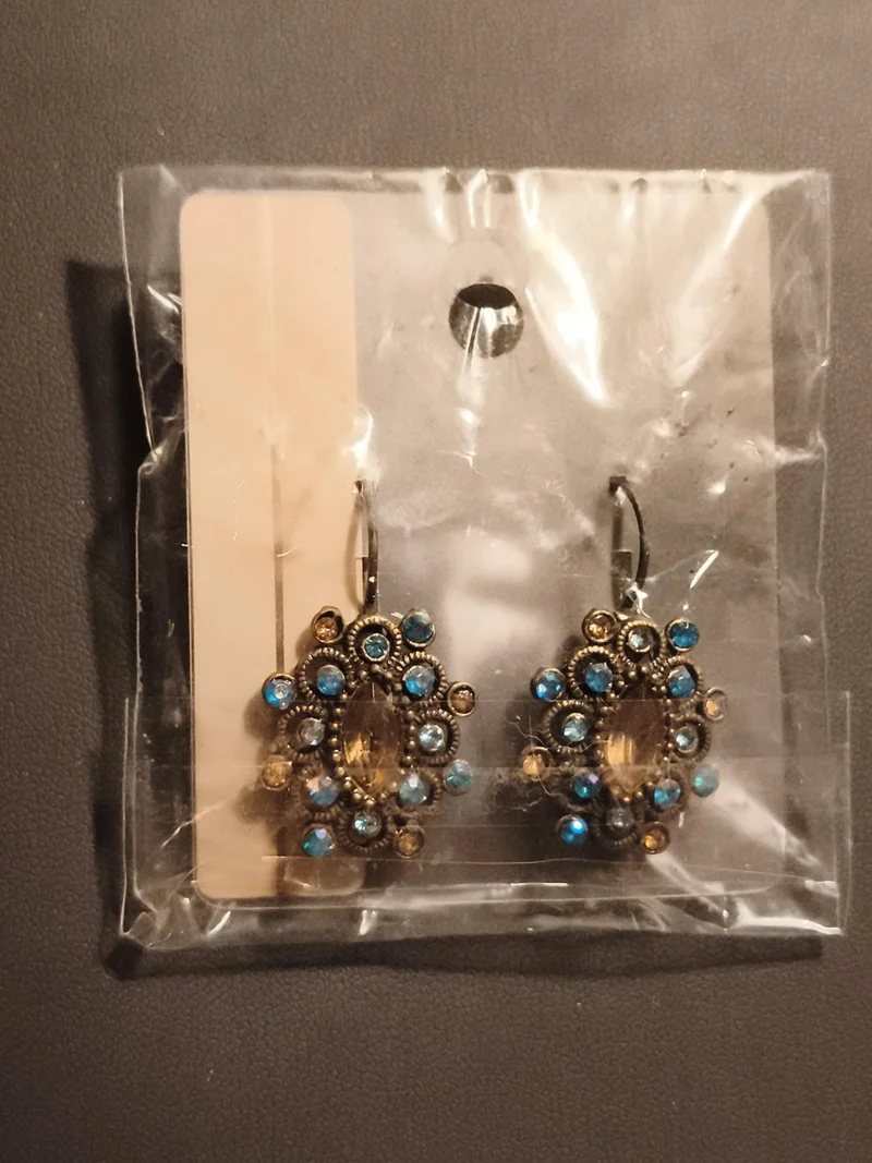 Boucles d’oreilles vintage pendantes cabochons bleus et jaunes, deadstock ancien