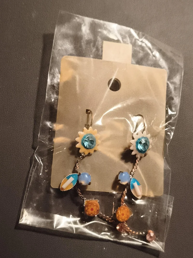 Paire de boucles d’oreilles vintage motif floral bleu orange deadstock clip rétr