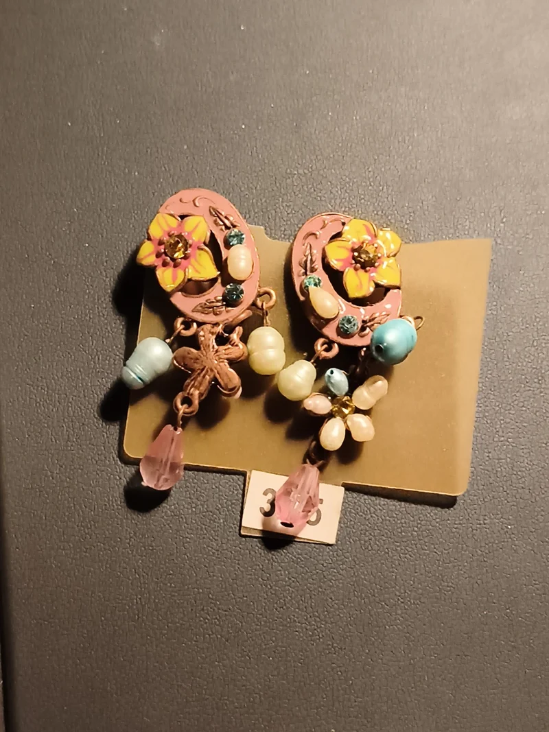 Paire de boucles d’oreilles vintage florales pendantes, perles colorées, deadsto