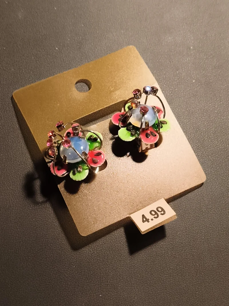 Boucles d’oreilles vintage clip fleurs émaillées multicolores deadstock rétro