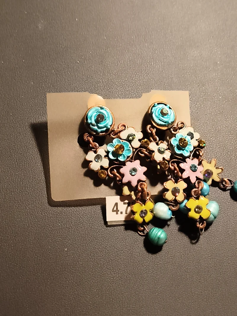 Boucles d’oreilles vintage pendantes fleurs émaillées multicolores deadstock