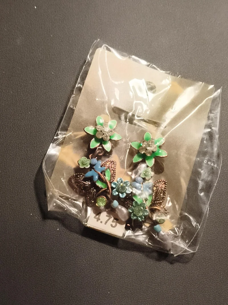 Paire de boucles d’oreilles vintage floral émaillé vert bleu deadstock fantaisie