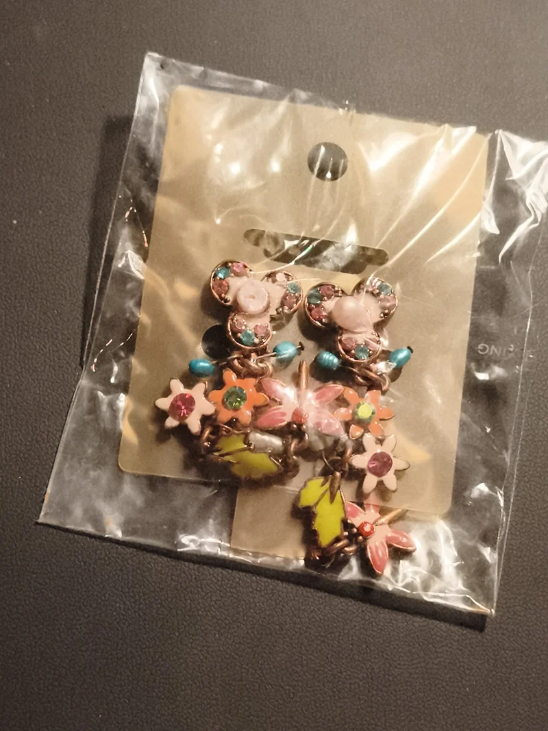 Boucles d’oreilles vintage fleurs émaillées papillon deadstock, multicolore fant