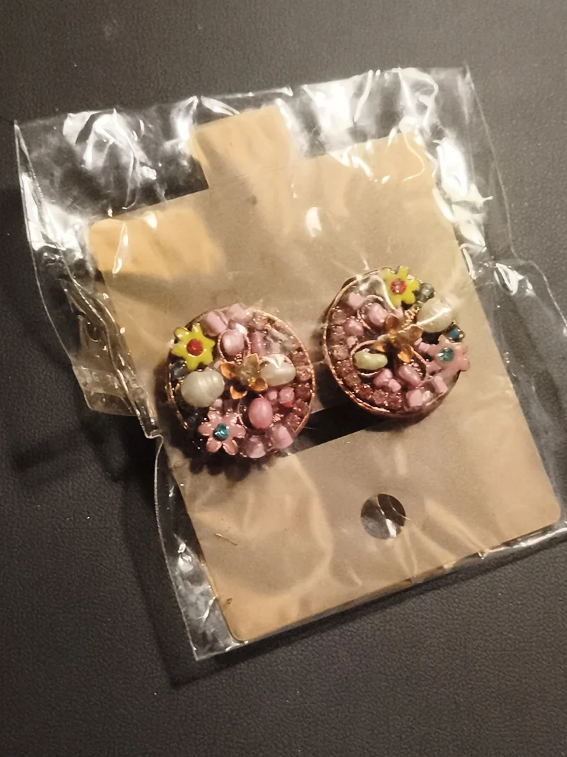 Boucles d’oreilles vintage rondes motif floral multicolore deadstock années 60