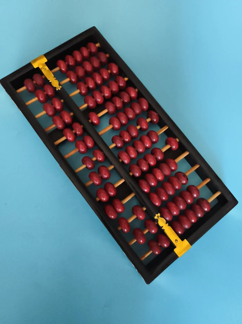 Boulier ancien japonais soroban, cadre noir, boules rouges, abacus vintage