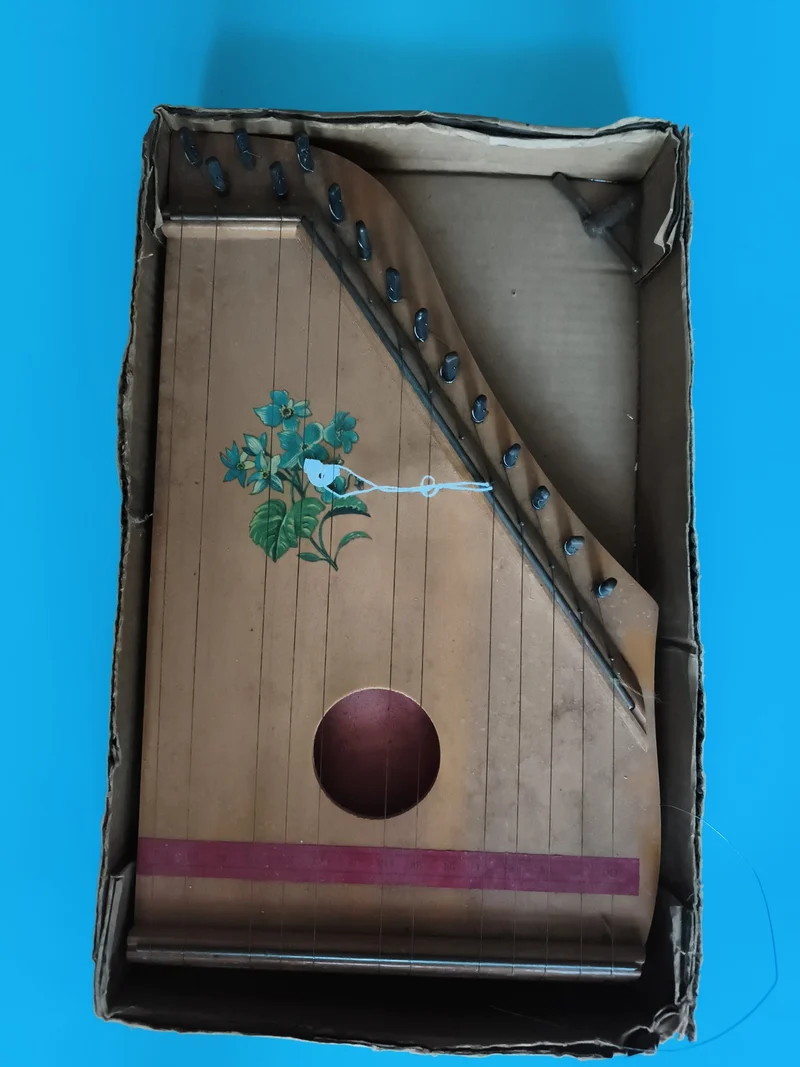 Cithare à cordes décor floral Instrument musique boîte carton