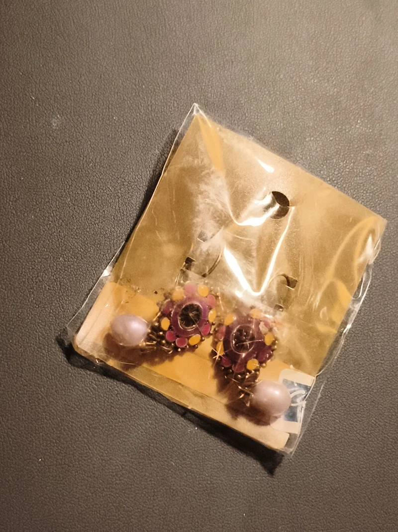 Boucles d'oreilles vintage fleurs colorées deadstock, pendeloque perle, années 6