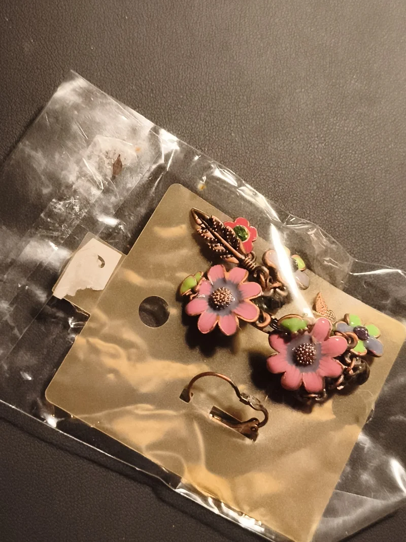 Paire boucles d’oreilles vintage fleurs émaillées clip deadstock multicolore