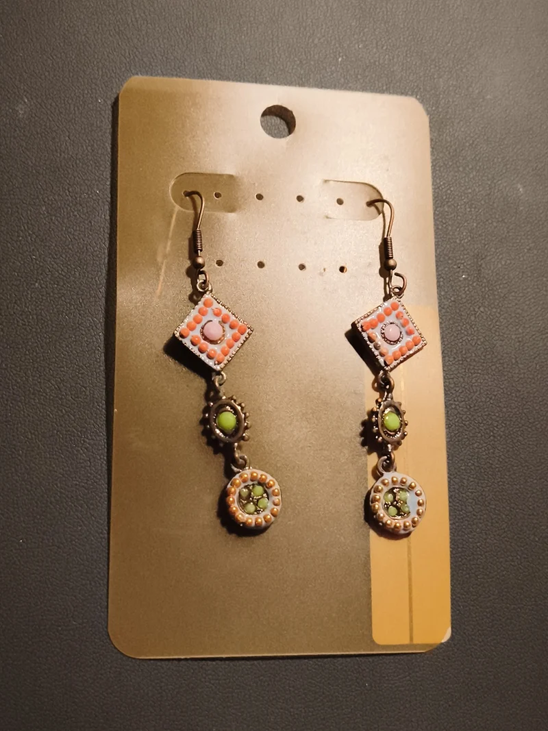 Boucles d'oreilles vintage pendantes motifs géométriques orange vert deadstock