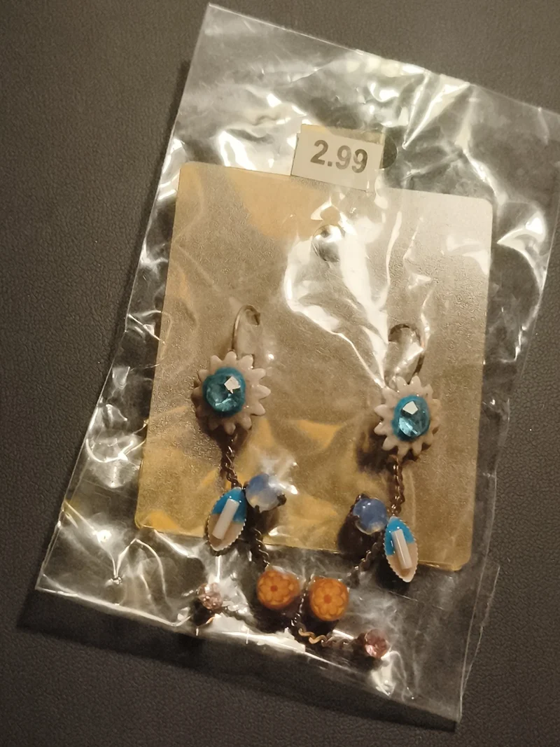 Paire boucles d’oreilles vintage clips fleurs bleu orange deadstock fantaisie