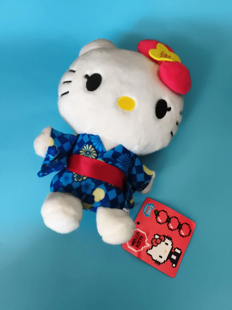 Peluche Hello Kitty kimono bleu fleur, Sanrio, étiquette, rare, vintage kawaii