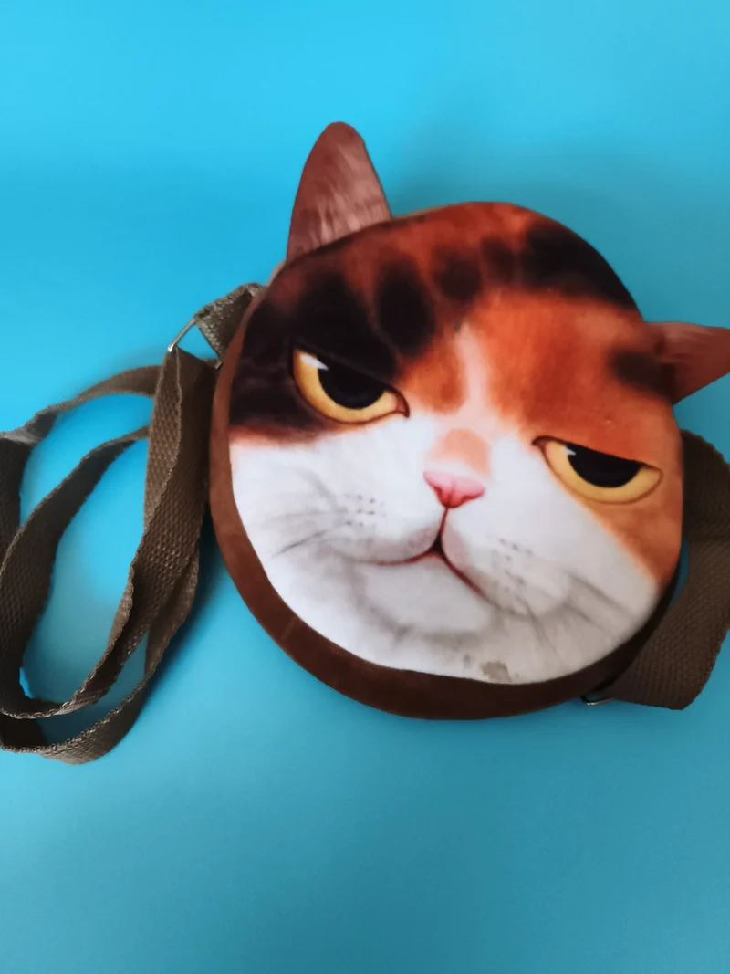 Sac bandoulière chat rond visage imprimé marron blanc accessoire enfant