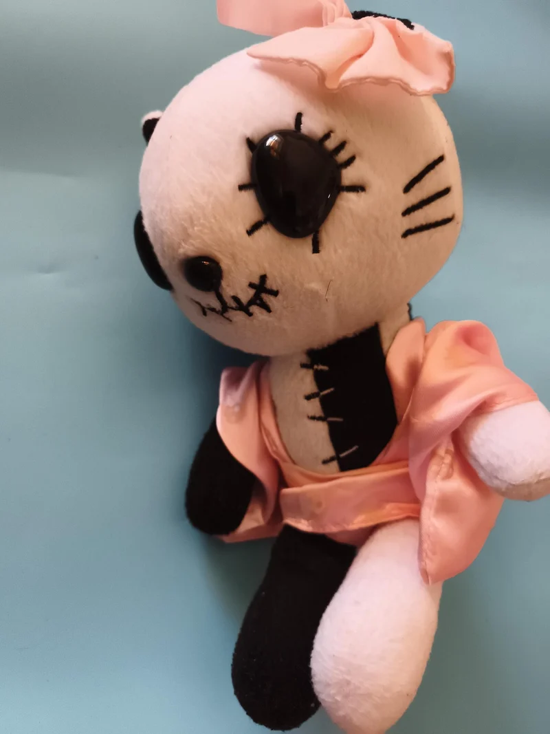 Peluche panda fantaisie noir blanc, grand format, robe rose, peluche kawaii