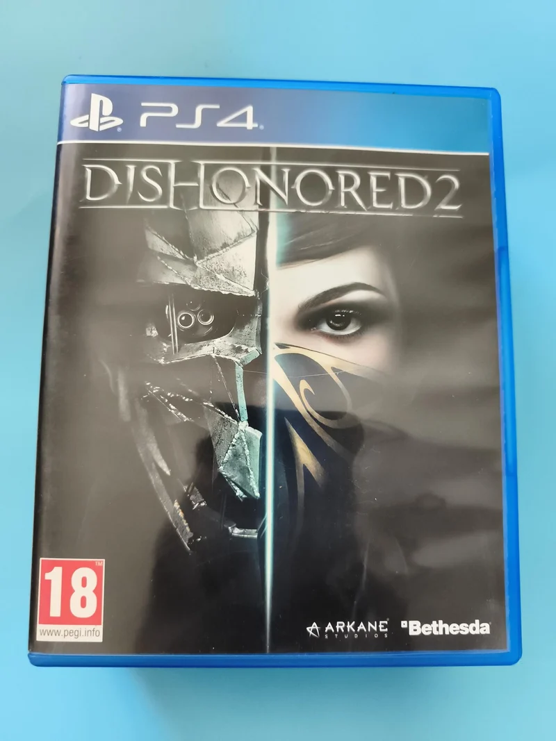 Jeu PS4 Dishonored 2, Arkane Studios, Bethesda, boîtier bleu, PEGI 18