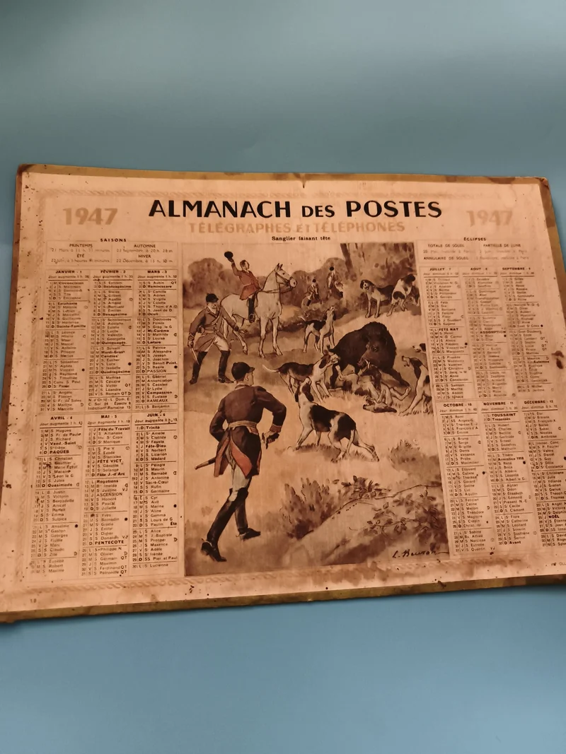 Almanach des Postes 1947 chasse scène illustrée calendrier mural ancien
