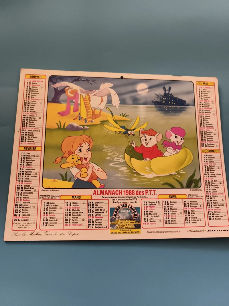 Almanach mural 1988 PTT Bernard et Bianca Disney illustré calendrier