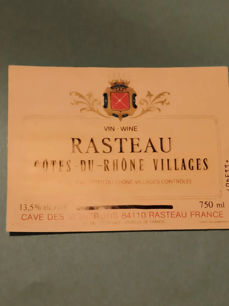 Étiquette vin Rasteau Côtes-du-Rhône Cave Vignerons vintage neuve France