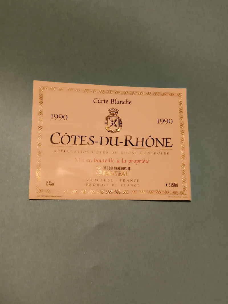 Étiquette vin Côtes-du-Rhône 1990 neuve, Carte Blanche, Cave Châteauneuf vintage