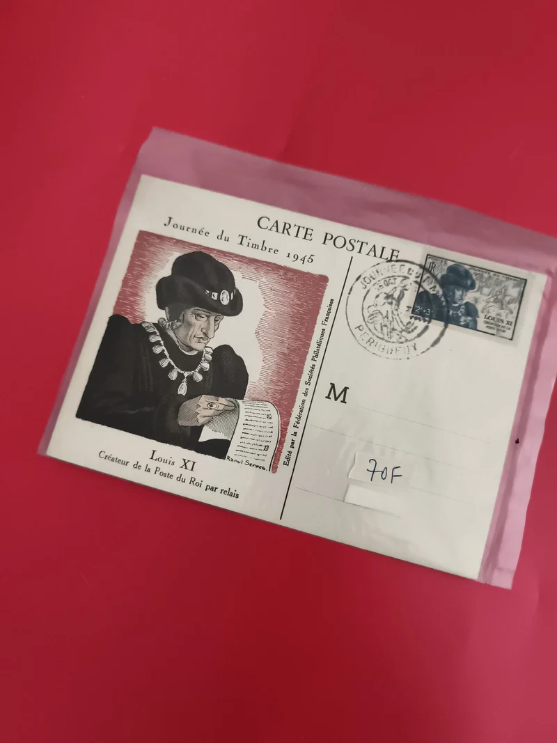 Carte postale Louis XI Journée du Timbre 1945 oblitérée philatélie France