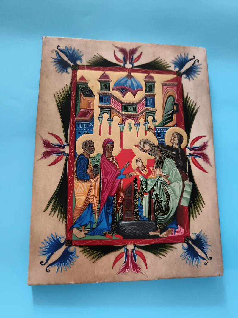 Plaque religieuse icône peinte style byzantin décor doré polychrome