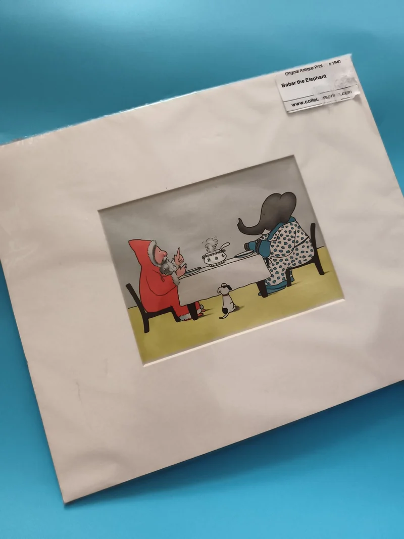 Gravure Babar l'Éléphant illustrée vers 1940 encadrée, impression couleur