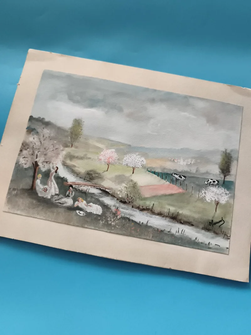 Petite aquarelle paysage campagne scène animée signée animaux arbres