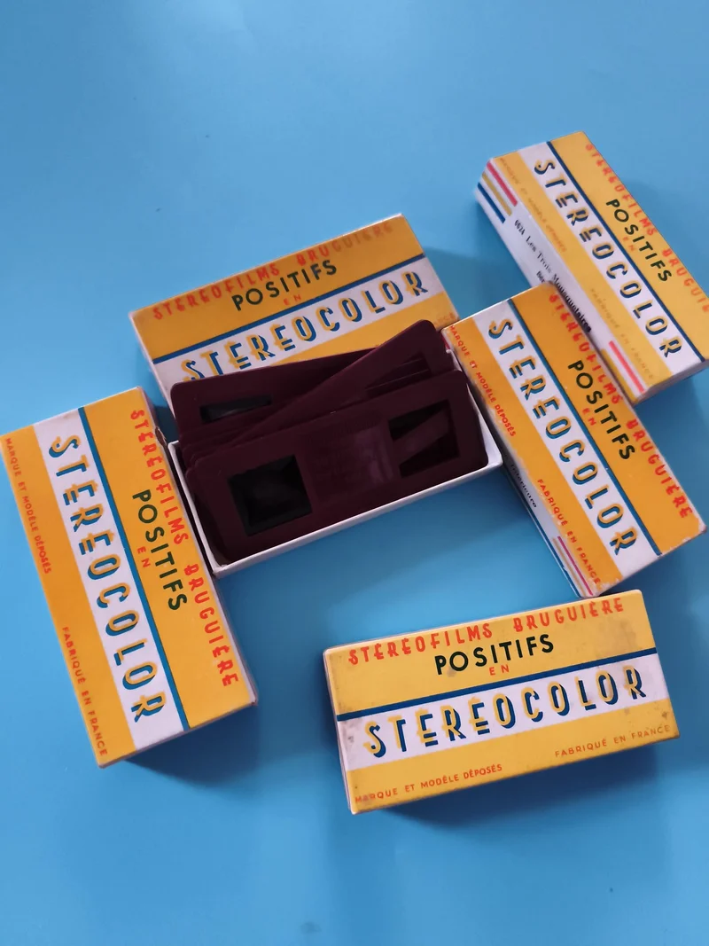 Stereofilms Bruguière Stereocolor anciens, boîtes positives vintage photo 3D