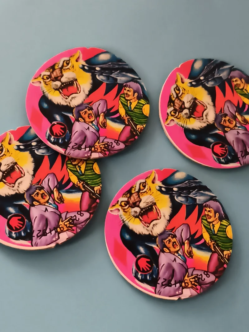 Lot vintage Menko Pogs ronds illustrés tigre héros style années 80