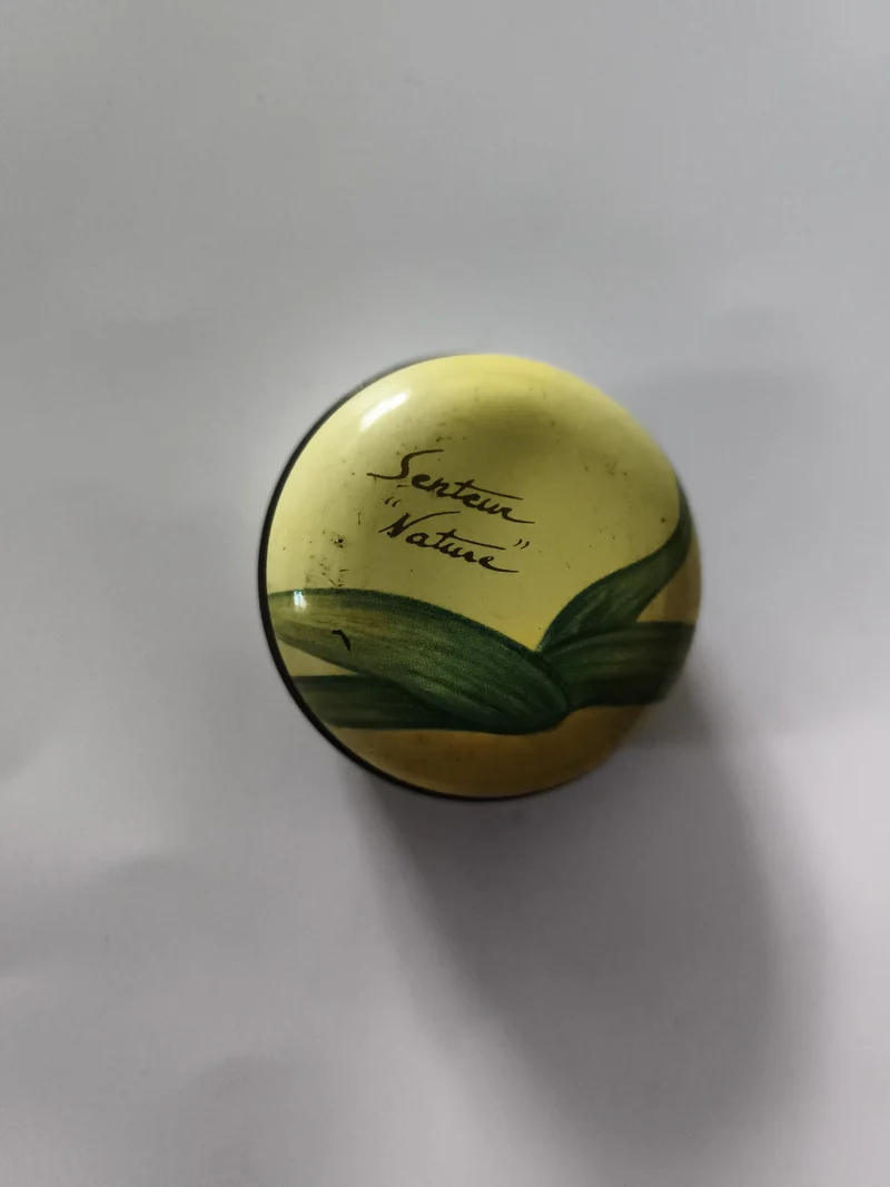 Boîte ancienne ronde décorée "Senteur Nature" jaune vert vintage