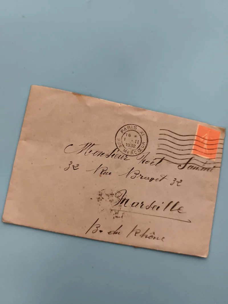 Lettre ancienne oblitérée 1932 Paris Marseille timbre orange philatélie (Ref 3)