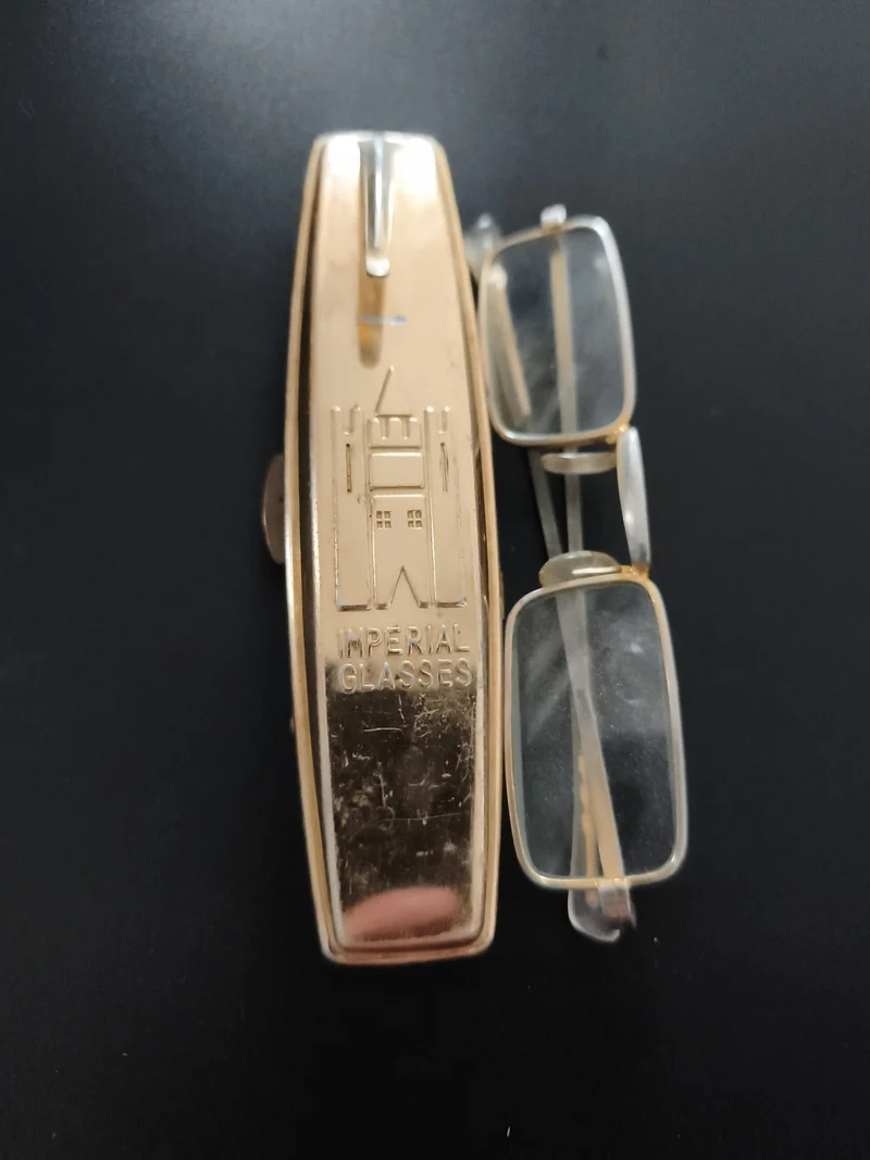 Étui lunettes ancien Imperial Glasses doré + pince-nez vintage optique rétro