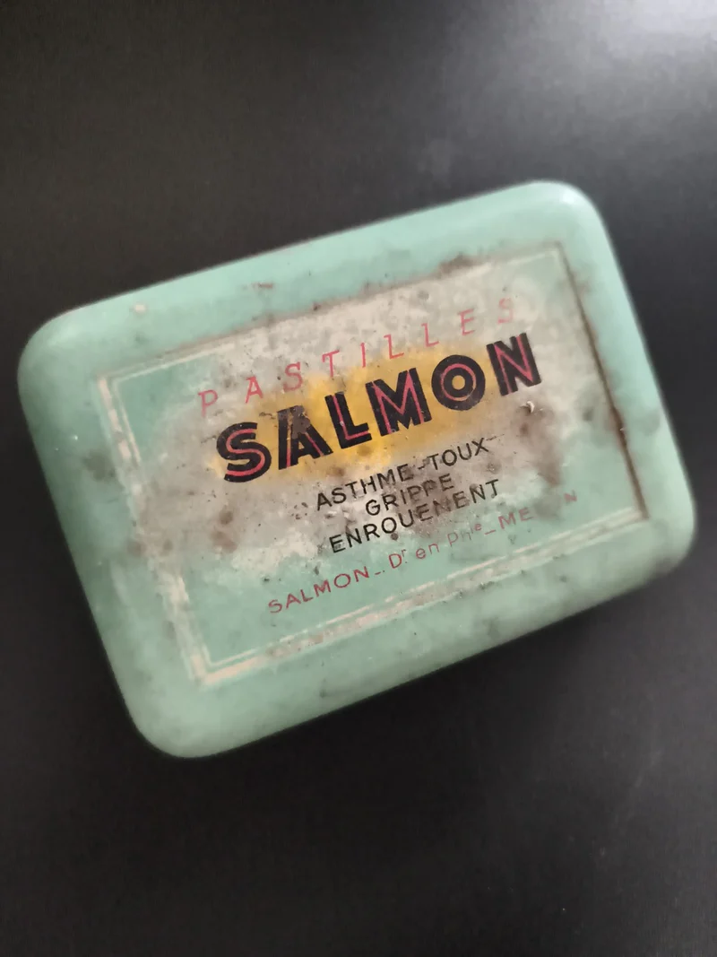 Boîte ancienne PASTILLES SALMON vert menthe déco vintage pharmacie