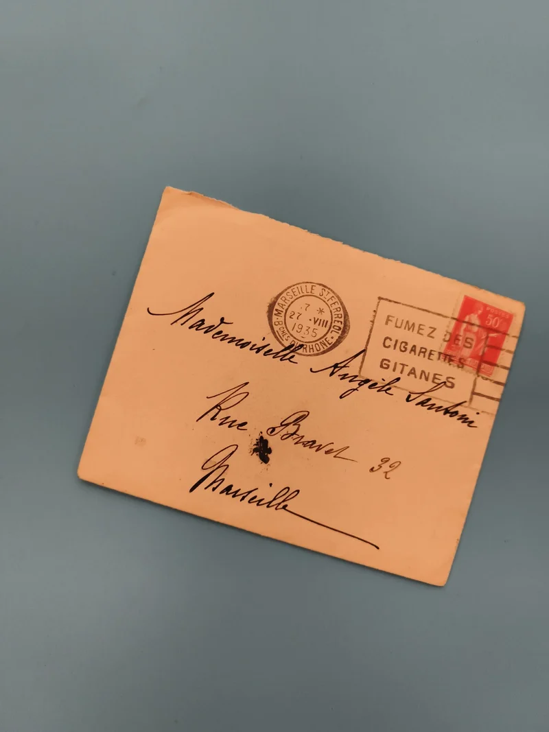 Lettre oblitérée Marseille 1935 timbre rouge publicité Gitanes philatélie (Ref 3