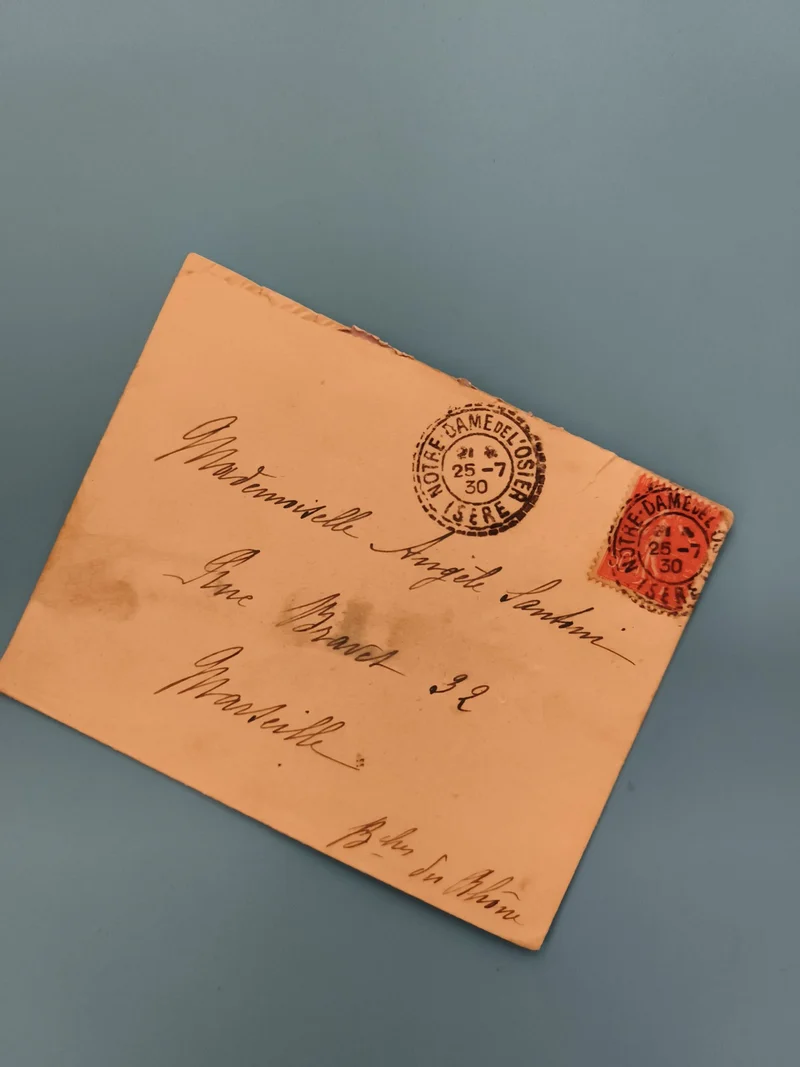 Lettre ancienne oblitérée 1930 Notre-Dame-de-l’Osier timbre rouge philatélie (Re