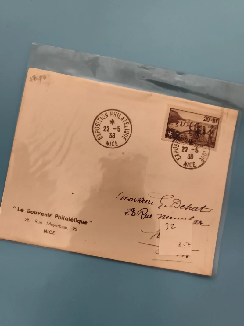 Lettre Exposition Philatélique Nice 1938 timbre 20c illustré oblitération