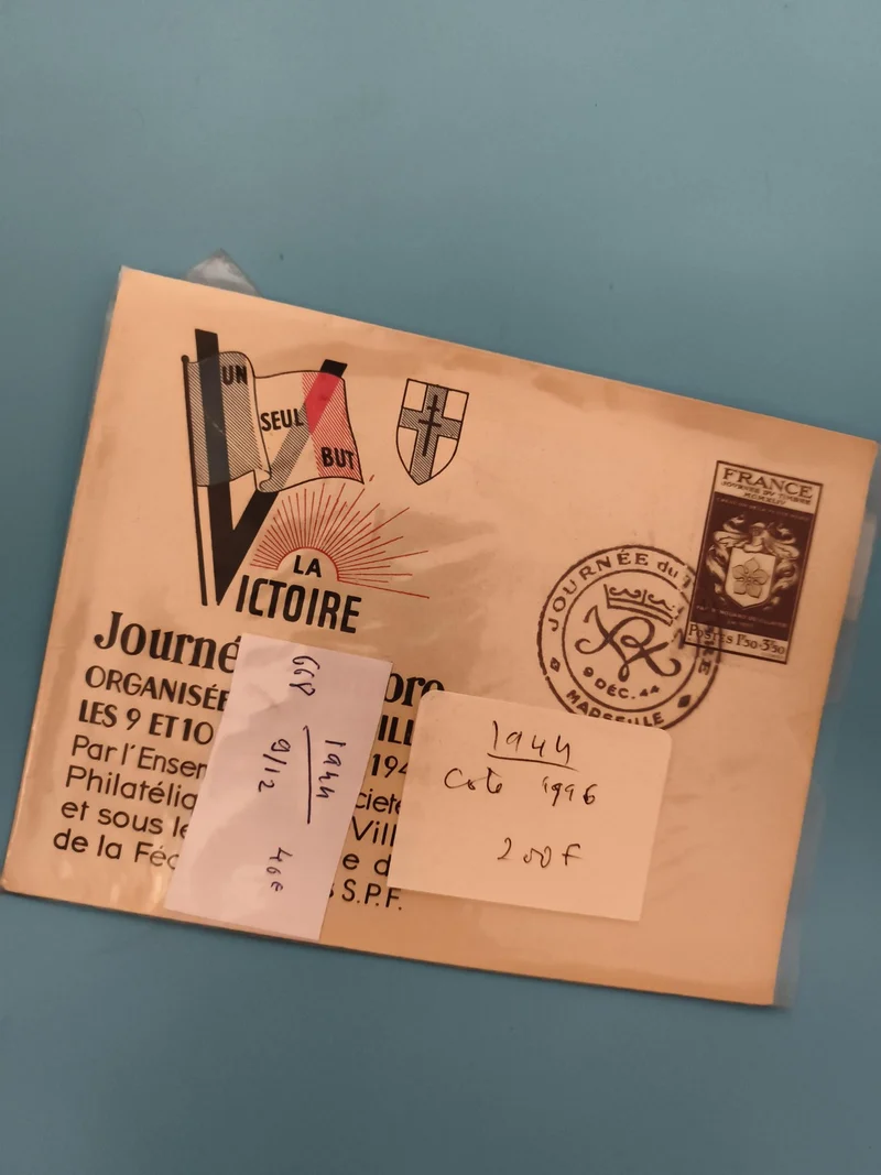 Lettre 1er jour 1944 France La Victoire cachet philatélique commémoratif