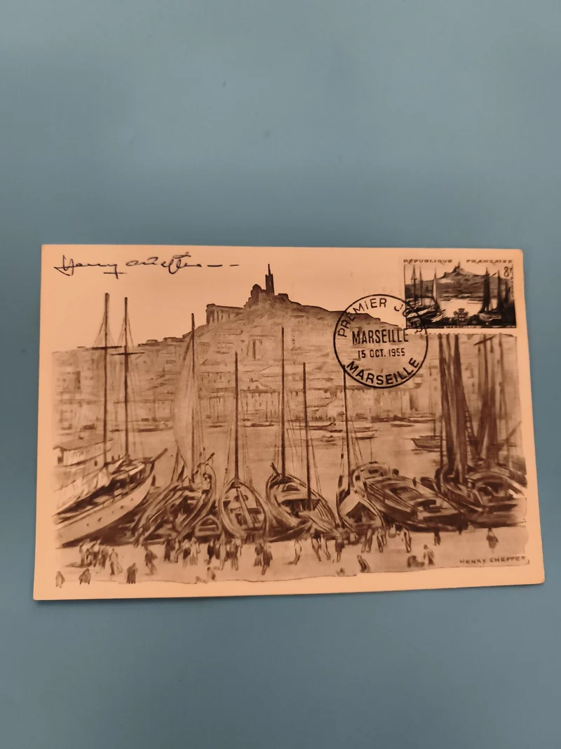 Carte postale premier jour Marseille 1955 Henry Cheffer timbre 8F philatélie