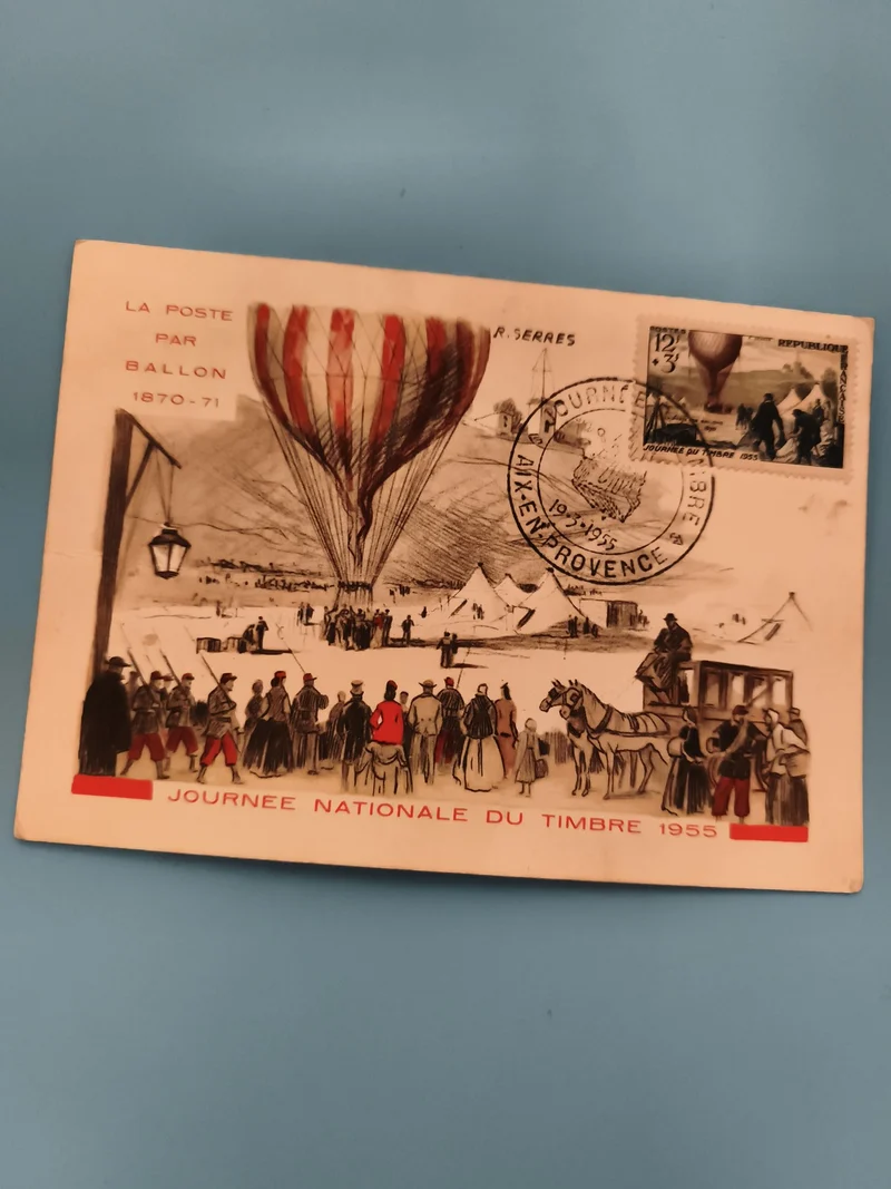 Carte postale illustrée Journée du Timbre 1955 ballon monté Philatélie (Ref 2)
