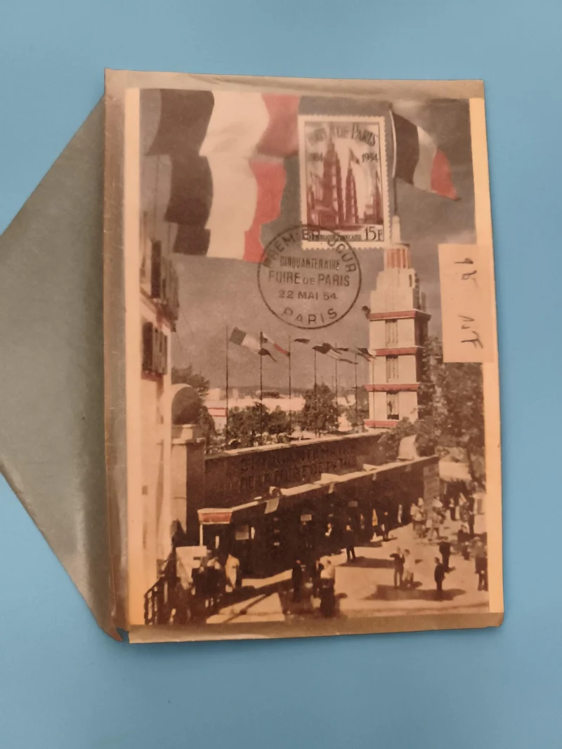 Carte postale Foire de Paris 1954 timbre 15F oblitérée, Cinquantenaire philatéli