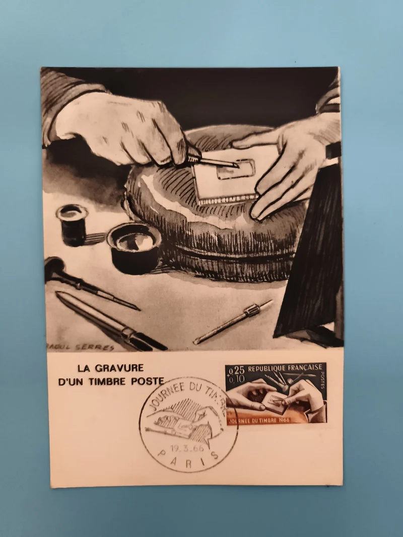 Carte philatélique gravure timbre Journée du Timbre 1966 Paris oblitérée