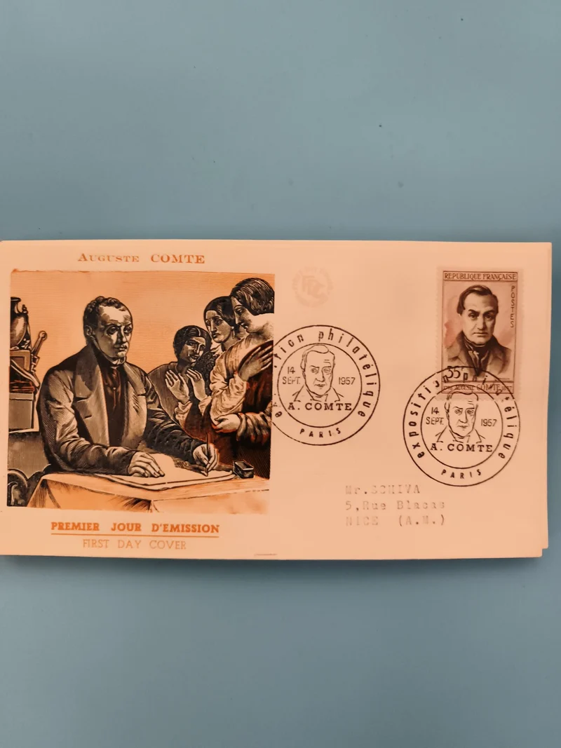 Lettre Premier Jour Auguste Comte 1957 timbre oblitéré Paris philatélie