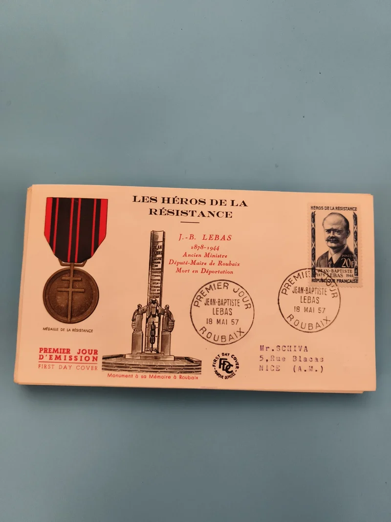 Lettre Premier Jour Héros Résistance J.B. Lebas 1957 Roubaix philatélie