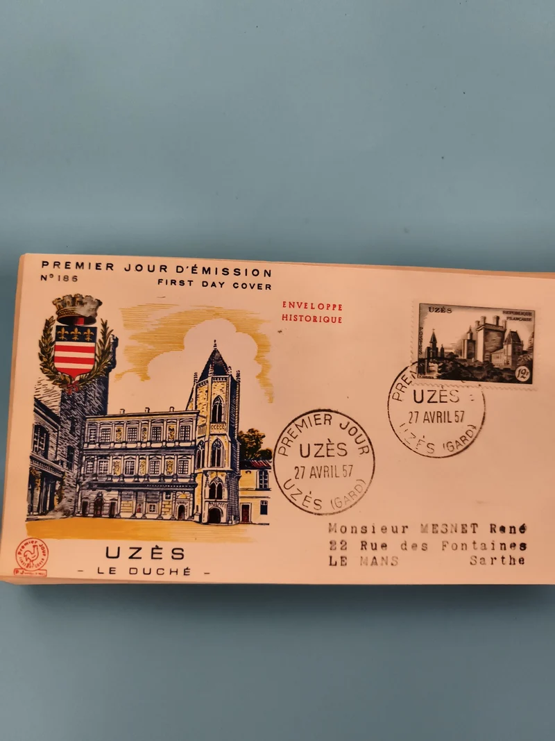 Enveloppe Premier Jour Uzès 1957 Duché cachet philatélie FDC historique